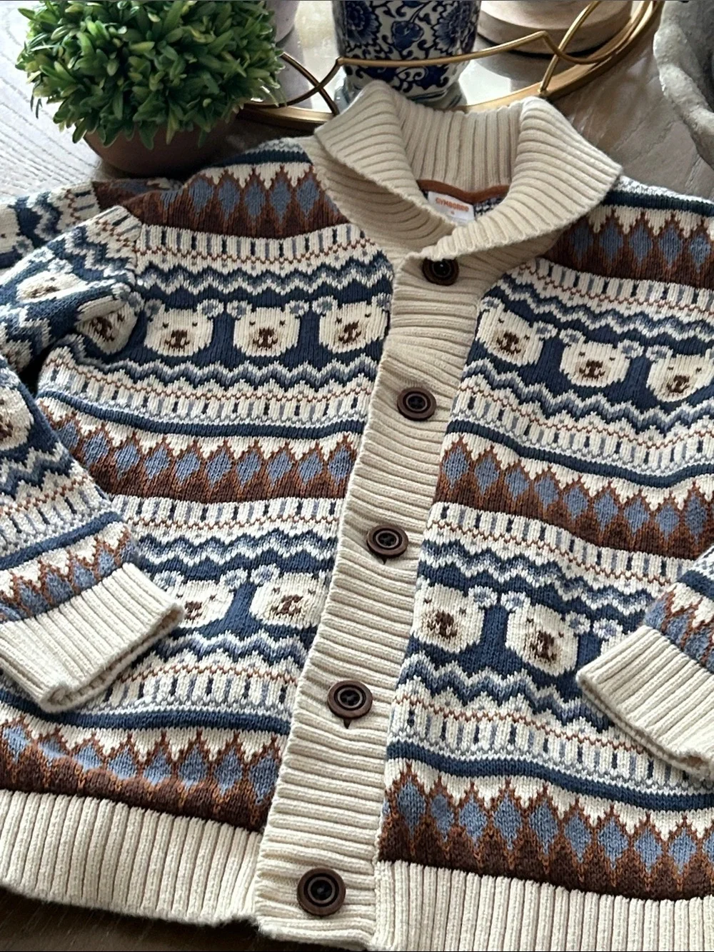 Gymboree Cozy Cream & Blue Fair Isle Teddy Bear Button Cardigan